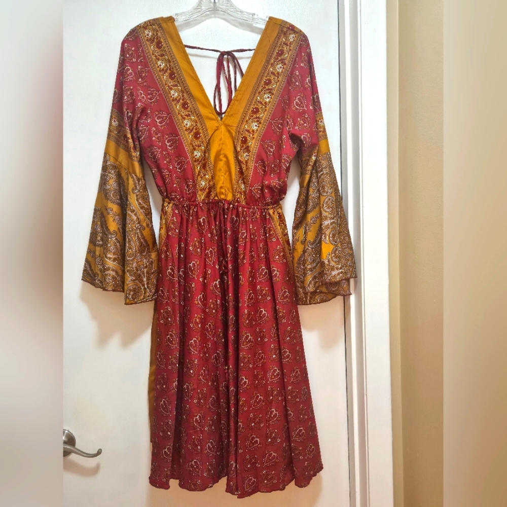 Red and Yellow Boho Silk Blend Dress One Size NWT
